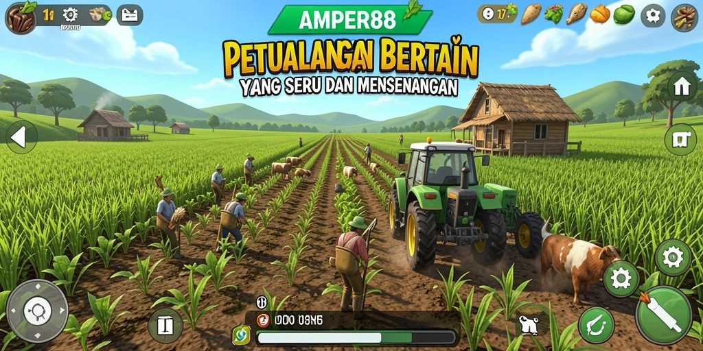 Screenshot gameplay AMPER88 menampilkan kebun subur dan hewan ternak yang ceria.