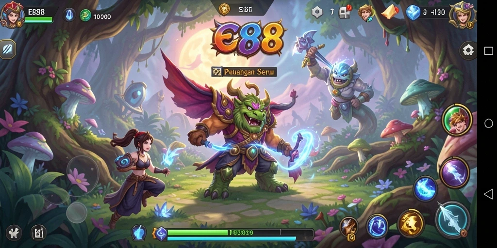 Gameplay E88 menampilkan petualangan di dunia fantasi penuh warna.