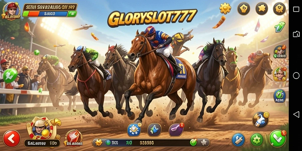 Screenshot gameplay GLORYSLOT777 menampilkan balapan yang mendebarkan di trek yang menantang.