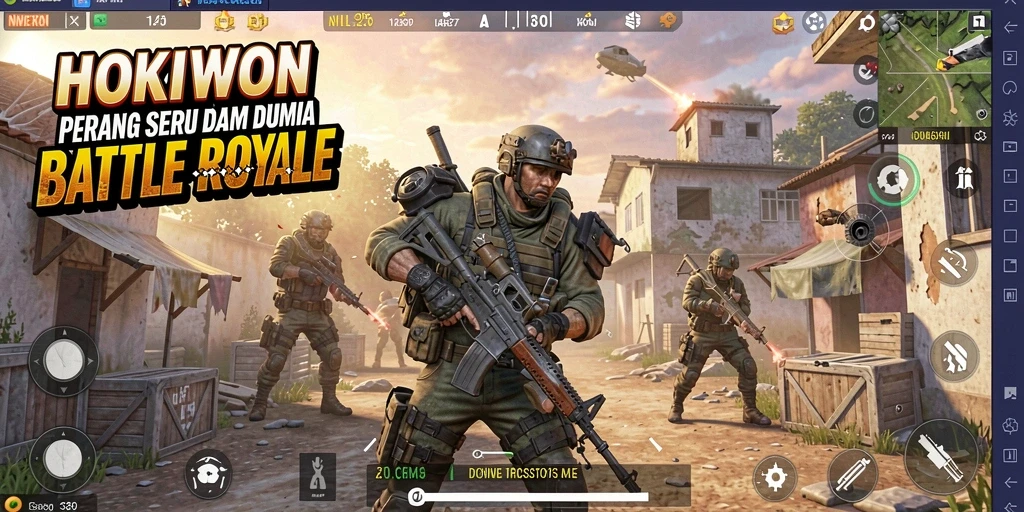 Screenshot HOKIWON menampilkan aksi seru dalam pertempuran Battle Royale.