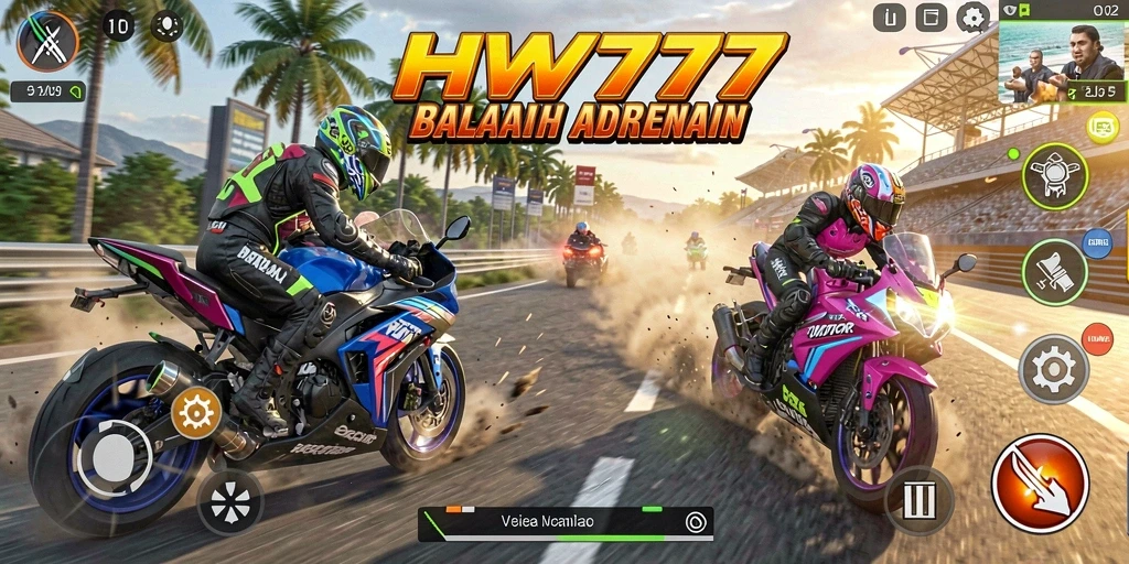 Tangkapan layar utama HW777 menampilkan akselerasi di trek balapan motor.