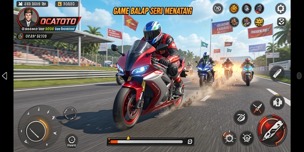 Screenshot utama OCATOTO menampilkan aksi balap motor yang mendebarkan.
