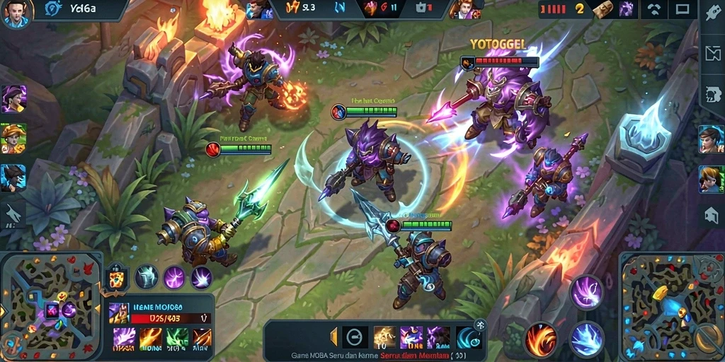 Screenshot gameplay YOTOGEL menampilkan pertempuran seru di arena MOBA.